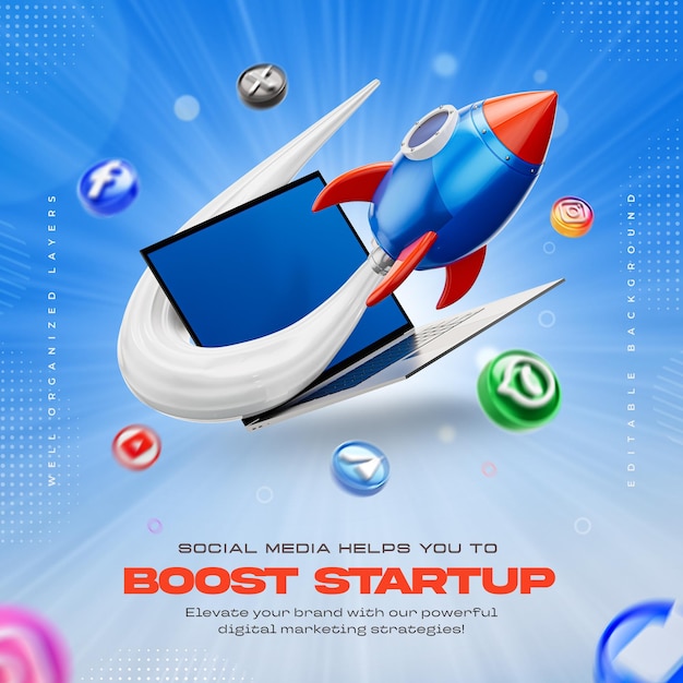 Free PSD startup concept rocket boosting social media marketing with laptop