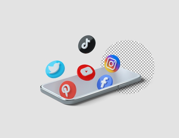 Бесплатный PSD Популярные 3d иконки социальных сетей, выходящие из телефона