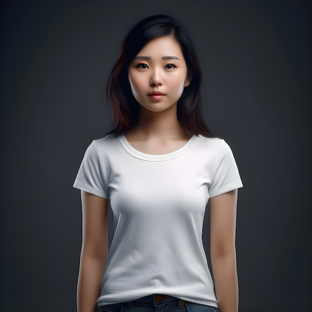 Free PSD portrait of asian woman in blank white t shirt on dark background