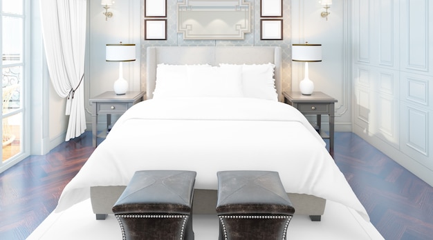 Бесплатный PSD реалистичная элегантная спальня с двуспальной кроватью с мебелью и большими окнами