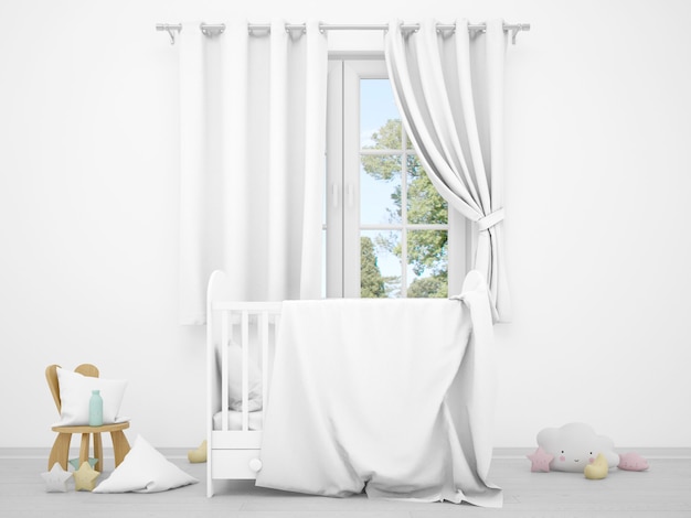 Free PSD realistic white baby bedroom with a window and a cradle