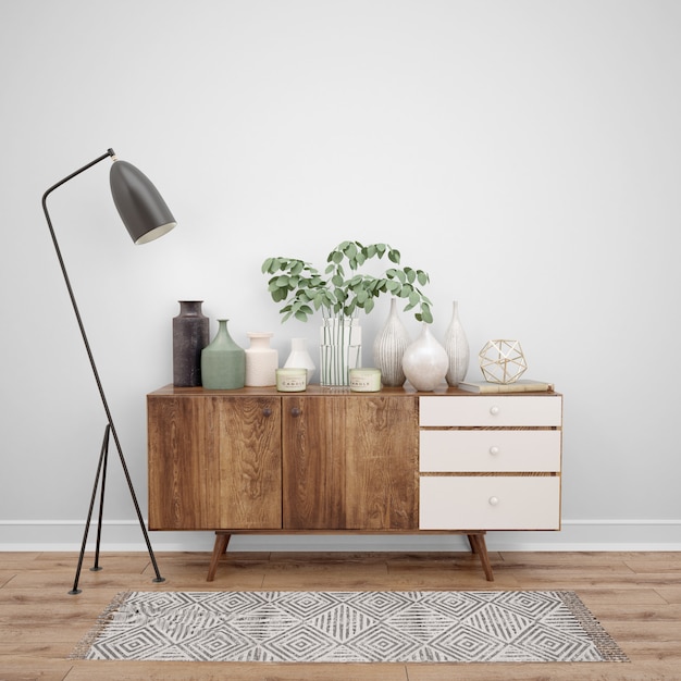 Бесплатный PSD Деревянная мебель с декоративными предметами и лампой, идеи дизайна интерьера