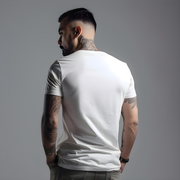 Free PSD tattooed asian man in white t shirt on grey background