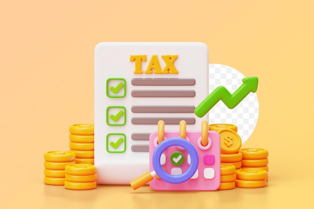 Free PSD tax payment with coin stacks and magnifying glass on calendar business and finance 3d background illustration