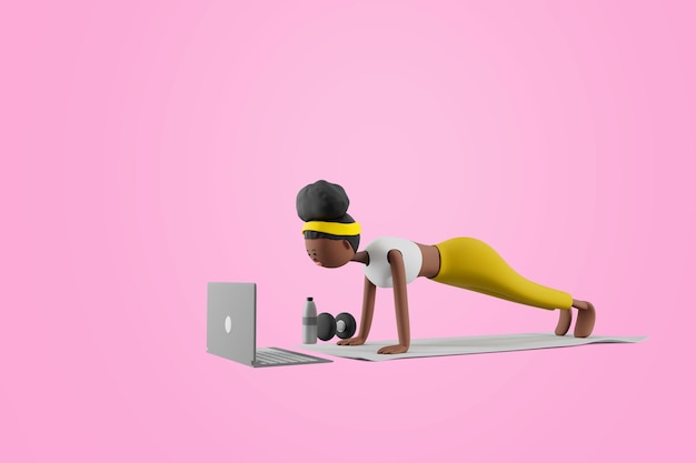 Бесплатный PSD Молодая женщина занимается йогой в стиле упражнений на резиновом коврике с просмотром онлайн-уроков на ноутбуке спортивная йога и фитнес-концепция 3d иллюстрация герои мультфильмов