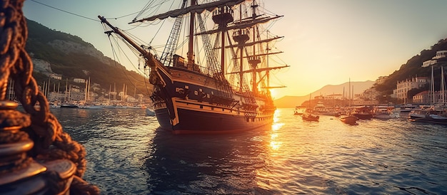 Kostenlose PSD piratenhafen mit blick auf das alte segelschiff generative ki