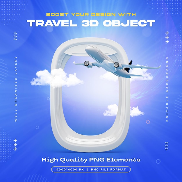 Kostenlose PSD reise 3d-objekt flugzeugfenster ansichten isolierte illustration
