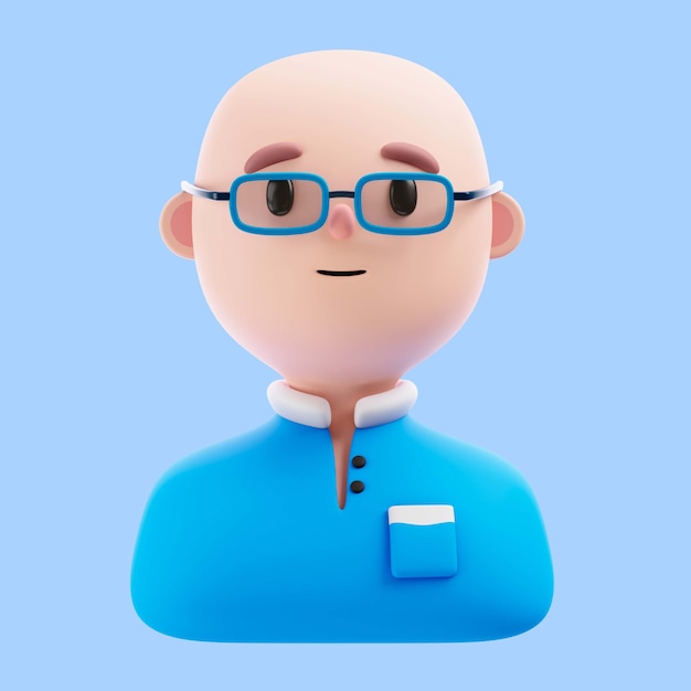 3D-Darstellung einer glatzköpfigen Person mit Brille