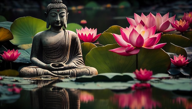 Photo gratuite bouddhiste médite près de l'étang de lotus harmonie tranquille ia générative