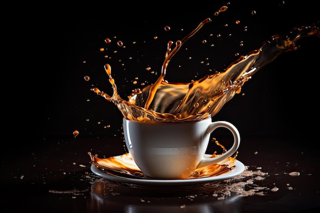 Photo gratuite Éclaboussure de café dans une tasse sur fond noir