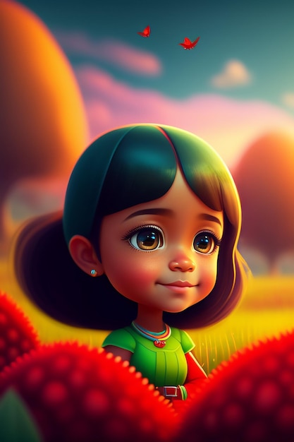 Photo gratuite une fille aux cheveux verts et une chemise verte se tient dans un champ avec une fleur rouge
