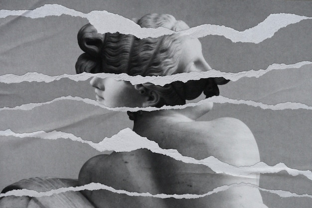 Photo gratuite image de statue grecque bw dans un support remixé de style papier déchiré