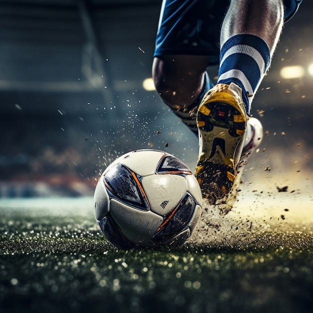 Photo gratuite joueur de football masculin avec ballon sur le terrain en herbe