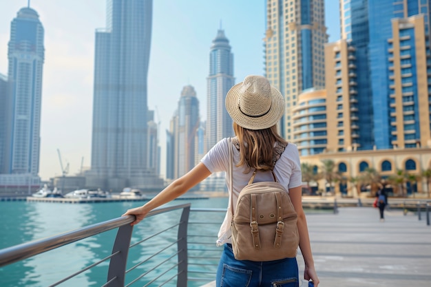 Photo gratuite portrait d'une femme visitant la ville luxueuse de dubaï