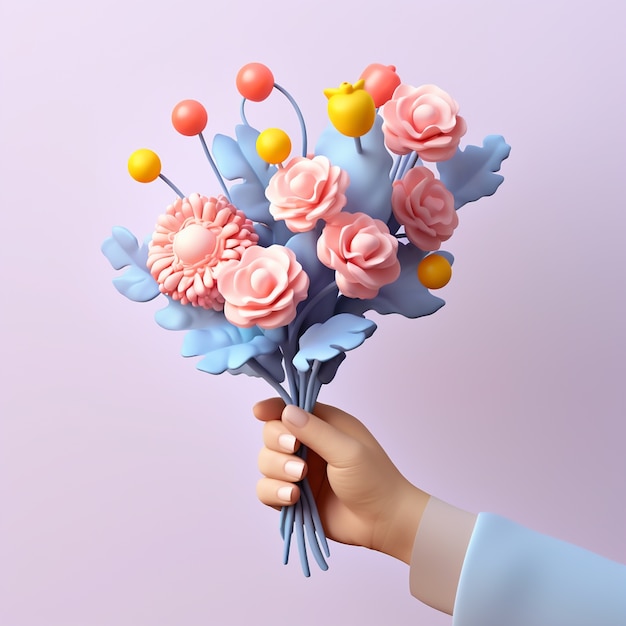 Rendu 3D d'une main tenant un bouquet de fleurs