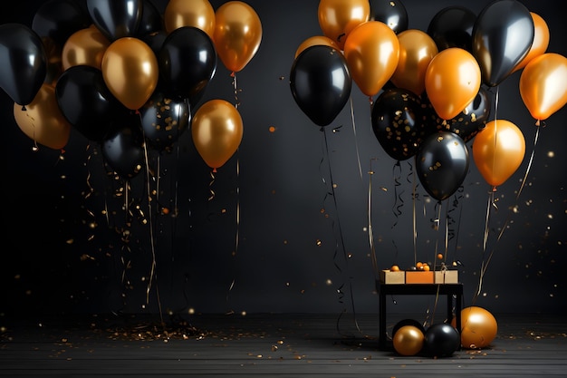 Photo gratuite toile de fond de célébration hd avec décorations de ballons dorés et noirs