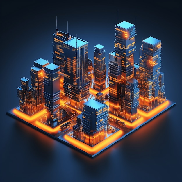 Vue isométrique sur le rendu 3D de la ville néon