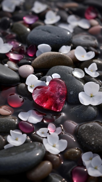Photo un coeur dans les rochers avec des fleurs blanches