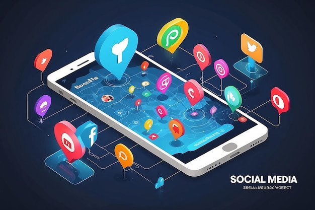 Photo le concept de médias sociaux isométriques et de réseaux sociaux avec le concept de marketing par smartphone