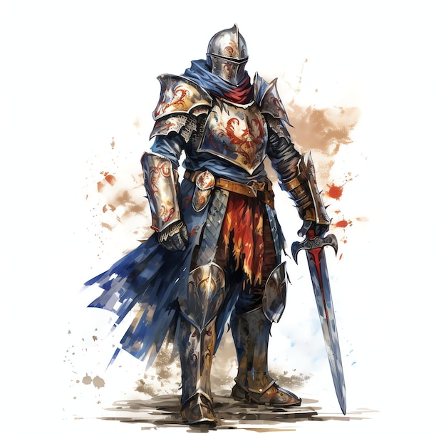 Costume de chevalier médiéval fantaisie à l'aquarelle médiévale