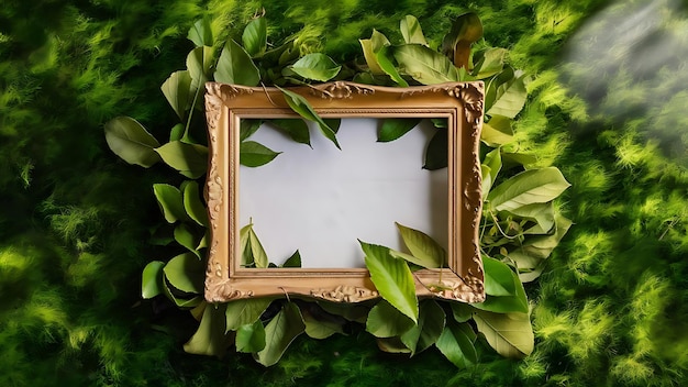 Photo cadre de photo vide et feuilles sur fond vert