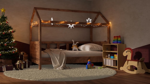 Chambre d'enfant confortable et confortable dans un design d'intérieur sur le thème de la nuit de Noël avec un lit confortable