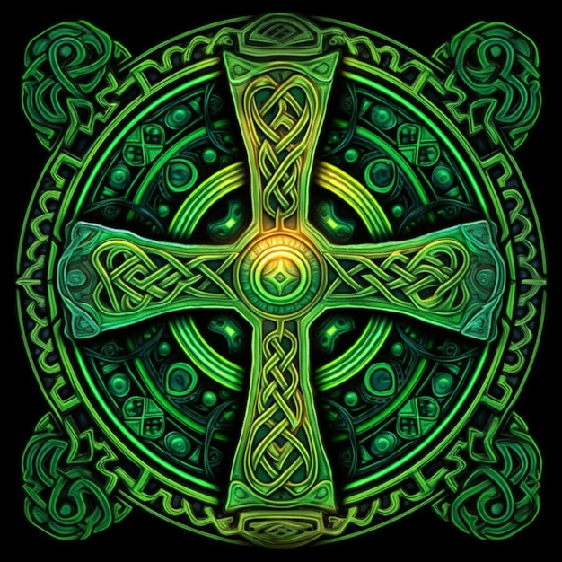 Photo une croix celtique verte avec une lumière rougeoyante au milieu ai générative