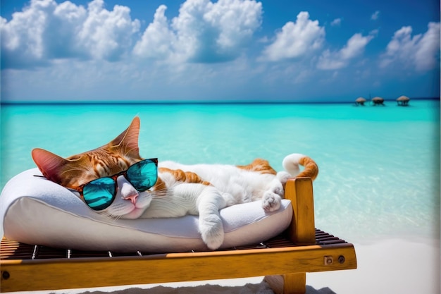 Photo adorable chat effrayant sur la plage portant des lunettes dans le concept de lumière du soleil d'été