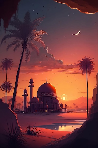 Photo une affiche pour une mosquée avec des palmiers et la lune en arrière-plan.