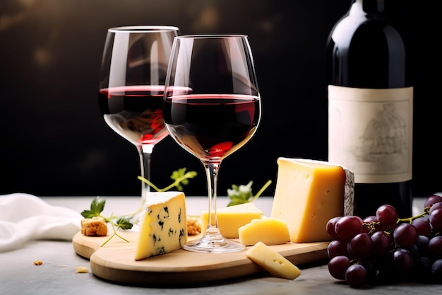 bon vin rouge vibrant dans de beaux verres à vin élégants avec une assiette de fromage style de vie