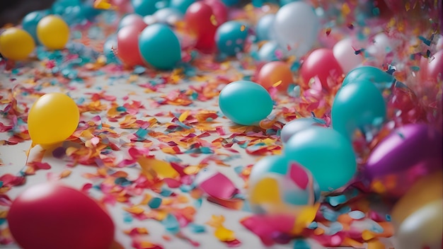 Photo des ballons colorés et des confettis sur un fond blanc avec un espace de copie