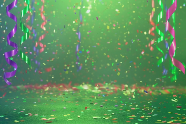 Photo des bandes colorées et des confettis sur un fond vert vibrant parfait pour les concepts de fêtes et de célébrations