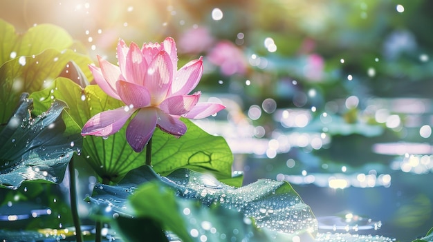 Photo une belle fleur de lotus rose qui fleurit dans l'étang.