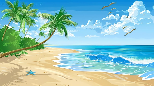 Photo une belle plage tropicale avec des palmiers, de l'eau bleue et des nuages blancs.