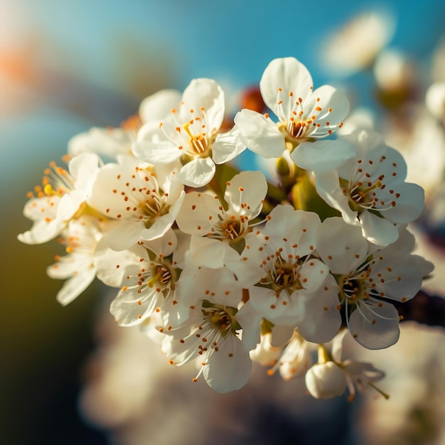 Une branche avec des fleurs blanches et le soleil brille dessus.