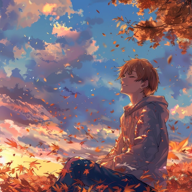 Photo un garçon assis sur l'herbe et regardant le ciel avec des feuilles d'automne