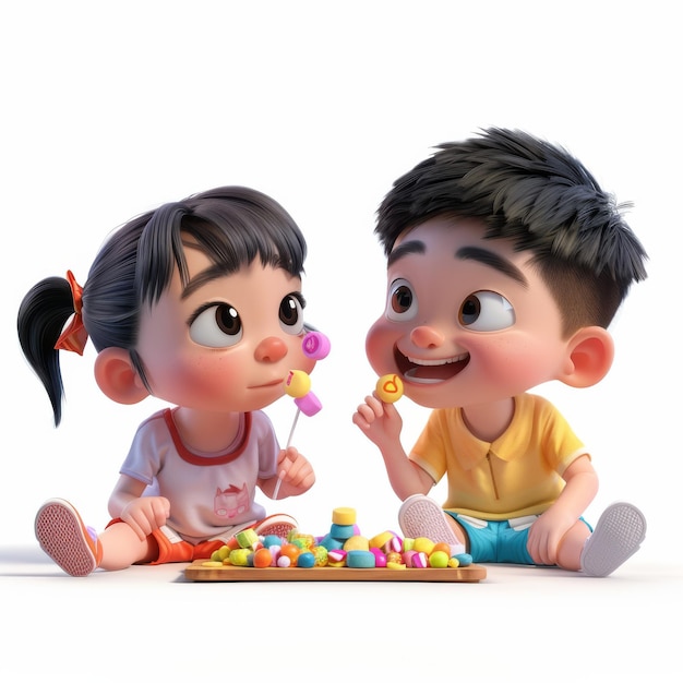 Photo un garçon et une fille mignons jouant avec des bonbons sur un fond blanc.