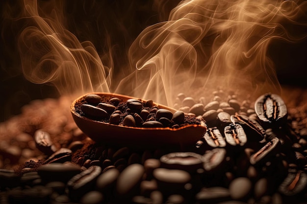 Photo gros plan de grains de café disposés sur un fond noir mettant en valeur leur couleur et leur texture riches ai générative
