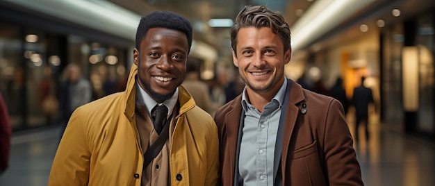 Photo deux entrepreneurs multiraciaux qui marchent dans le couloir