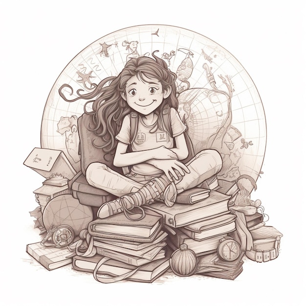 Photo un dessin d'une fille assise sur une pile de livres génératifs ai