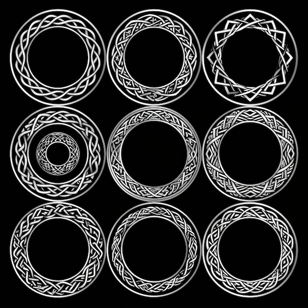 Photo un ensemble moderne de cadres de cercle celtique avec des nœuds celtiques et des ornements de tresse l'ensemble se compose de motifs magiques circulaires avec des nôts celtique et des ornaments de tresse noués