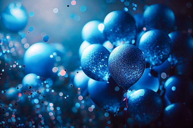 Photo fond bleu de vacances avec des ballons bleu profond, des confettis, des étincelles, des lumières. anniversaire. bannière f