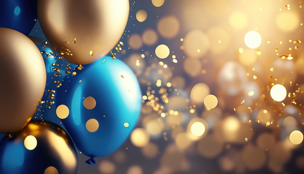 Photo fond de fête réaliste avec des ballons dorés et bleus tombant sur fond flou de confettis et un