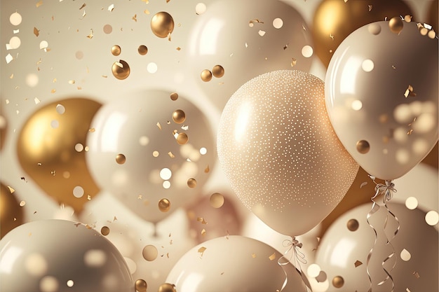 Photo fond de luxe festif avec des confettis de ballons gonflables dorés arrière-plan flou avec effet bokeh ai généré