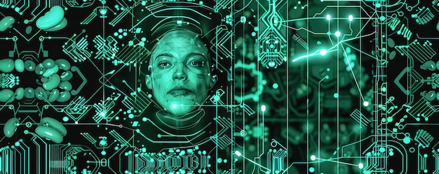 Photo face de cyborg sur fond de circuit numérique intelligence artificielle et concept d'apprentissage automatique 3d
