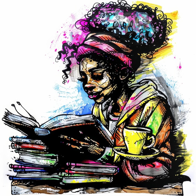 Photo une femme afro-américaine lisant un livre de dessin à l'encre et à l'aquarelle