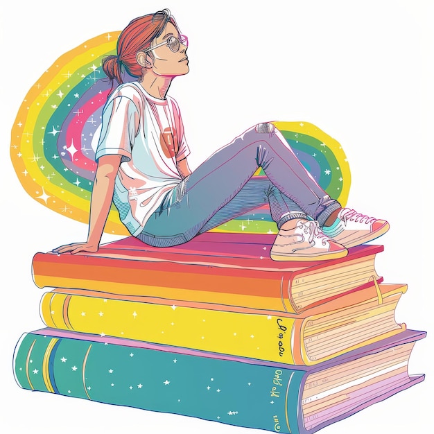 Photo une fille assise sur une pile de livres illustration vectorielle dans un style dessin animé