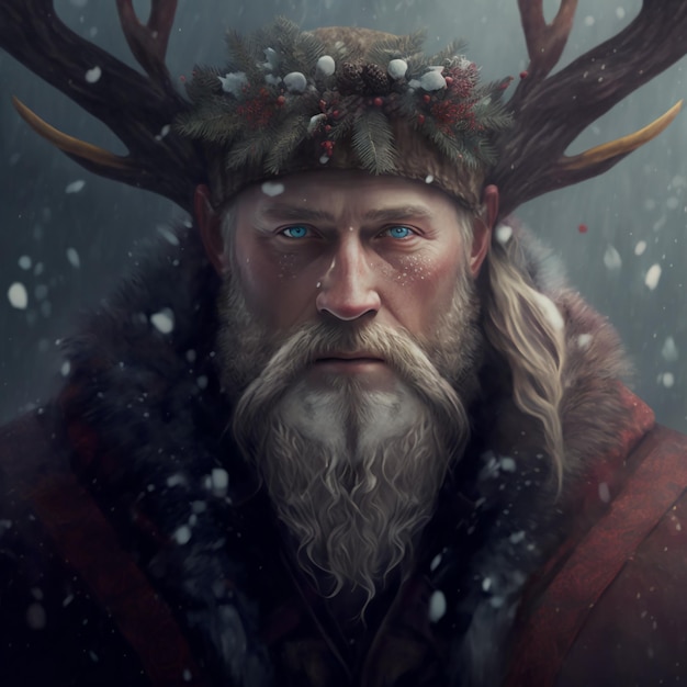 Photo un homme barbu d'âge moyen dans une couronne d'épinette père frost le solstice d'hiver célébrant yule