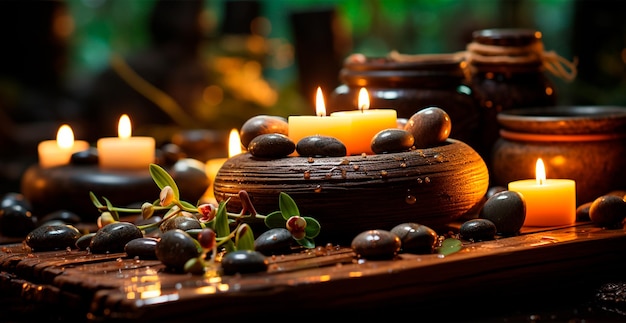 Photo huile de massage spa décoration bien-être sur fond de pierre concept de relaxation zen image générée par ia