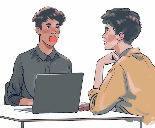 Photo illustration de deux jeunes hommes d'affaires travaillant ensemble sur un ordinateur portable